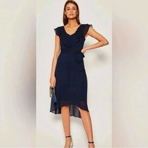 DKNY Navy Blue Chiffon Ruffle V-Neck High-Low Dress SZ 16 EUC $129
